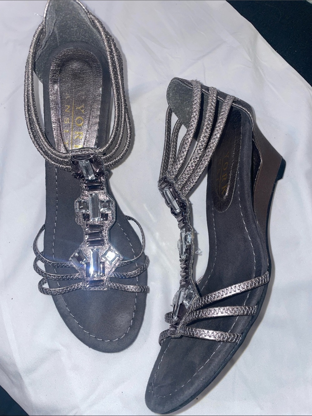 New York Transit Silver Metallic T-Strap Wedge Sandals with Rhinestone Accents